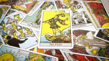 Les différentes catégories du tarot sont disposées en tas sur une table.