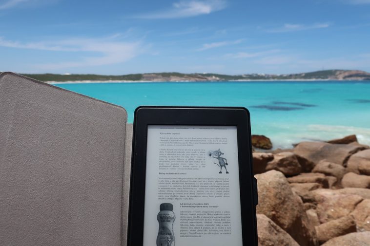 Un Kindle est posé sur un rocher face à l'océan, soulignant les avantages et les différences par rapport au format PDF/A.