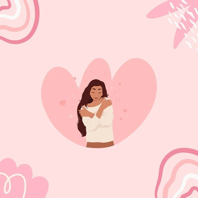 Une femme aux cheveux longs souriant doucement, s'enlaçant sur un fond rose en forme de cœur orné de motifs abstraits, incarnant l'essence de « l'estime de soi ».