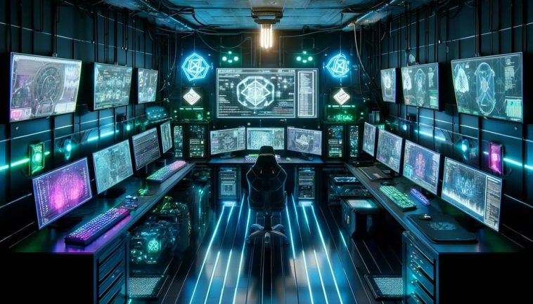Un centre de commande de haute technologie avec plusieurs écrans affichant diverses données et graphiques. Une chaise est placée devant les écrans et la salle est éclairée par des lumières LED bleues et vertes.