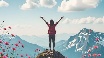 Une personne se tient sur un rocher, les bras levés, entourée de fleurs en fleurs, surplombant des montagnes enneigées sous un ciel bleu avec des nuages épars.