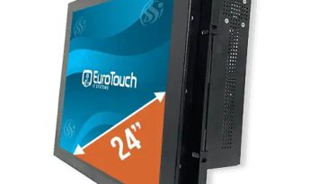 Vue latérale d'un moniteur à écran tactile EuroTouch de 24 pouces avec un cadre noir et un panneau métallique perforé à l'arrière.