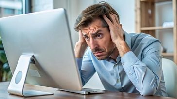 Un homme a l'air stressé assis à un bureau, tenant sa tête dans ses mains et regardant un écran d'ordinateur.