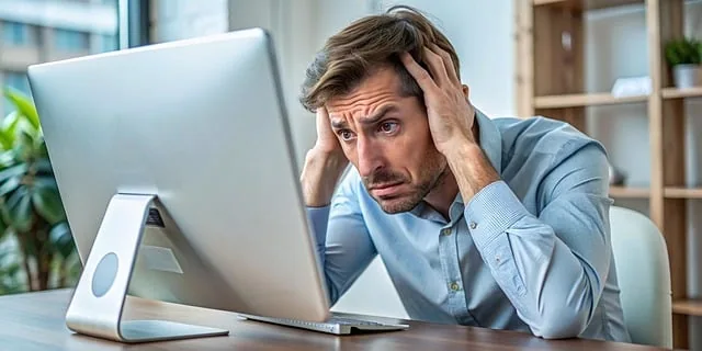 Un homme a l'air stressé assis à un bureau, tenant sa tête dans ses mains et regardant un écran d'ordinateur.