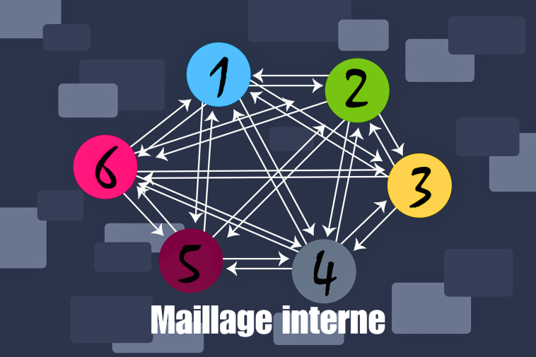 Un diagramme de réseau avec six cercles colorés numérotés interconnectés par des flèches, étiquetés « Maillage interne » en bas.